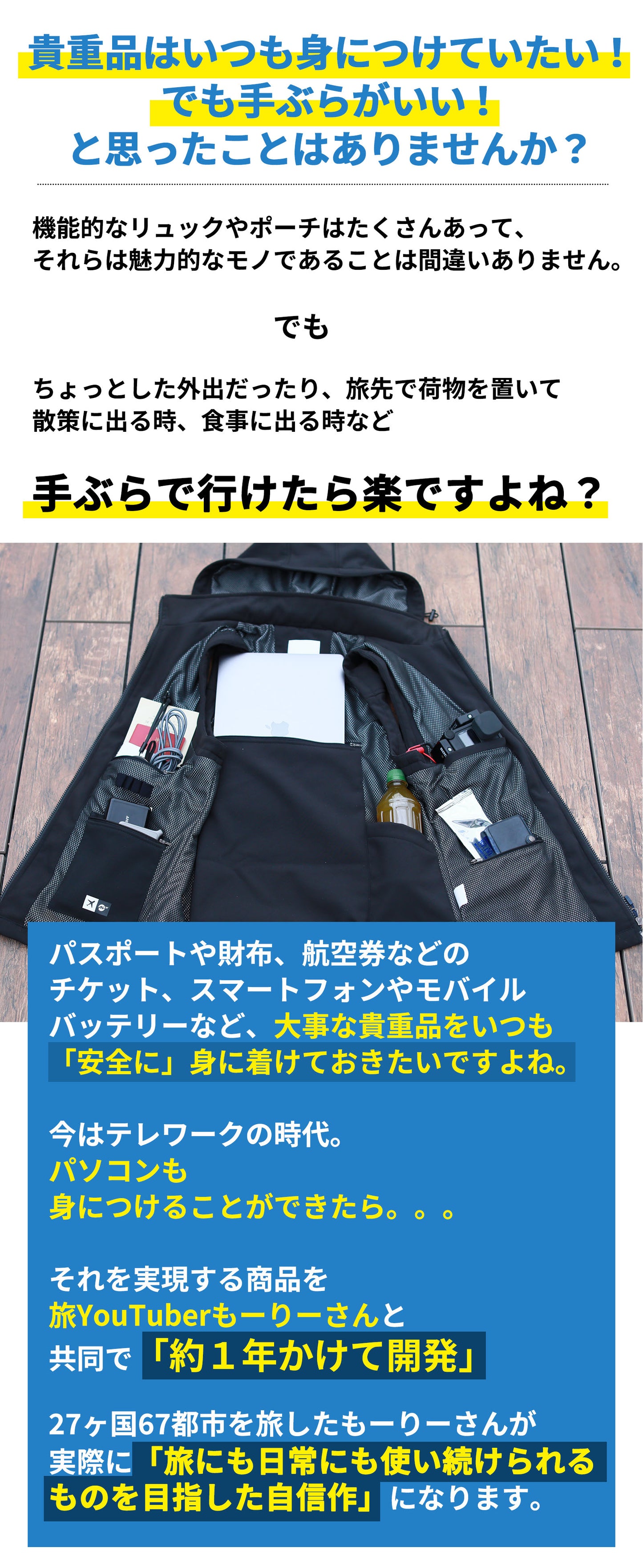 販売終了【送料無料】着るリュック。ベスト【旅行が革命的に変わる。手ぶらで自由になる】